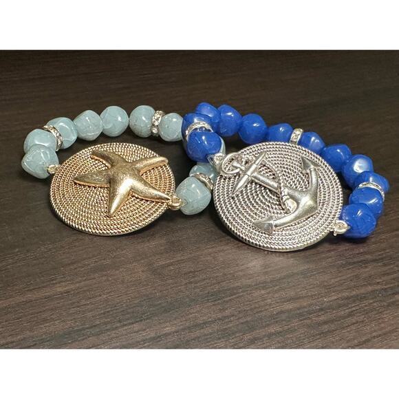 Pair of Coastal Beaded Bracelets Banded Anchor Starfish Fashion Jewelry - Picture 2 of 11